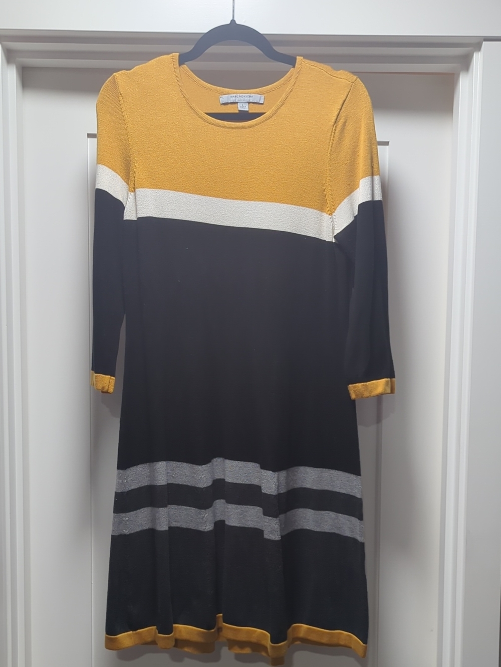 Marc New York Mustard, Black & White Colorblock Long Sleeve Sweater Dress